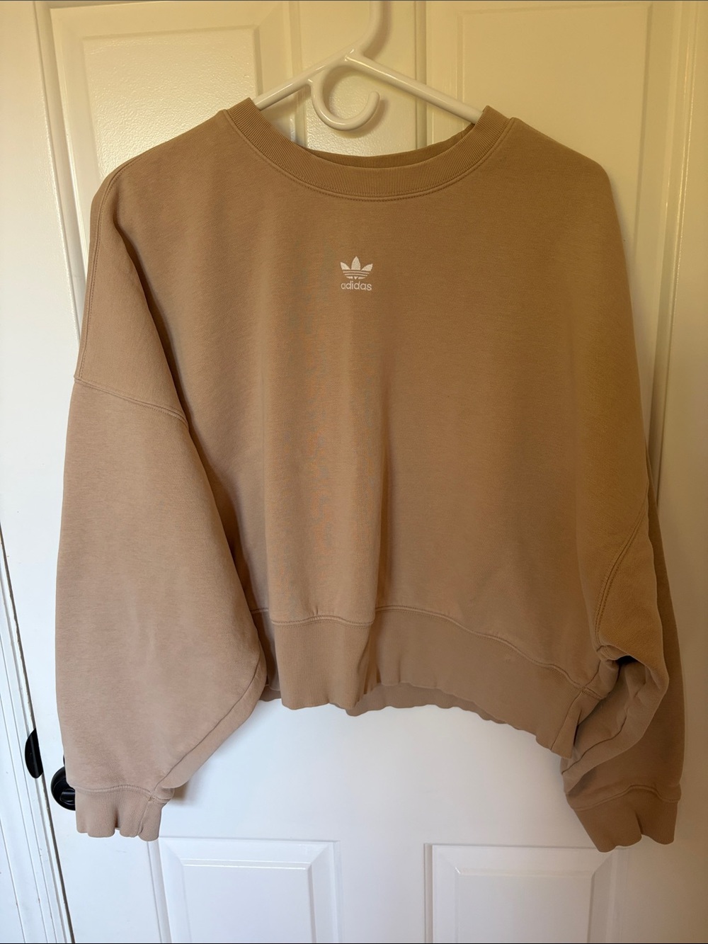 adidas Tan Cropped Crewneck Sweatshirt with Trefoil Logo